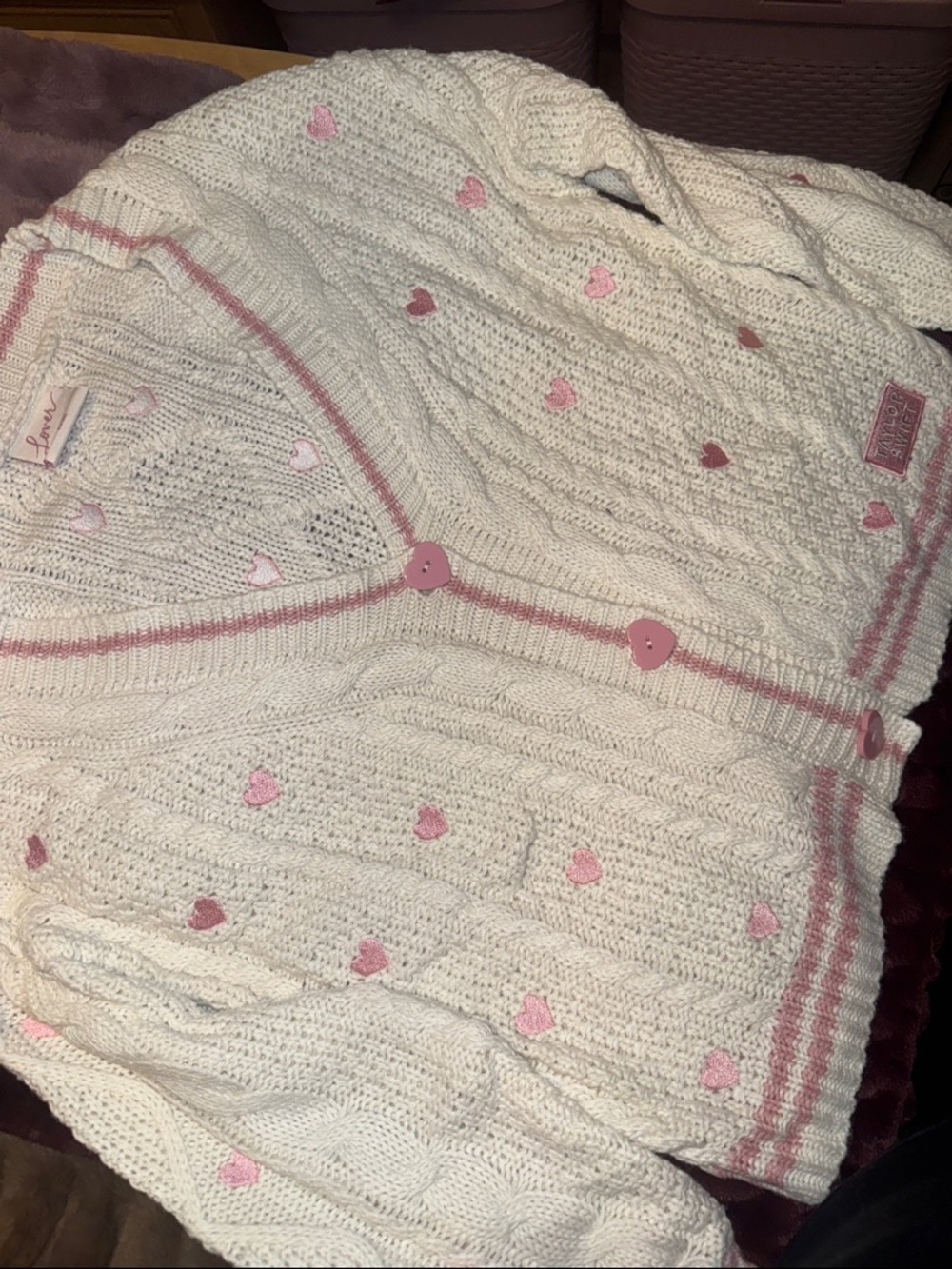 Taylor Swift Lover Cream Knit Cardigan with Pink Heart Accents